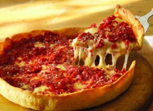 THIS IS A GENUINE CHICAGO DEEP-DISH PIZZA. NO, IT DOESN'T FOLD LIKE A NEW YORK SLICE; FOR DEEP-DISH, YOU GOTTA USE A STEAM SHOVEL. ME, I'M THE RARE CHICAGOAN WHO LOVES BOTH STYLES, THOUGH NATURALLY MY FAVORITE REMAINS THE CHI-PIE. 
